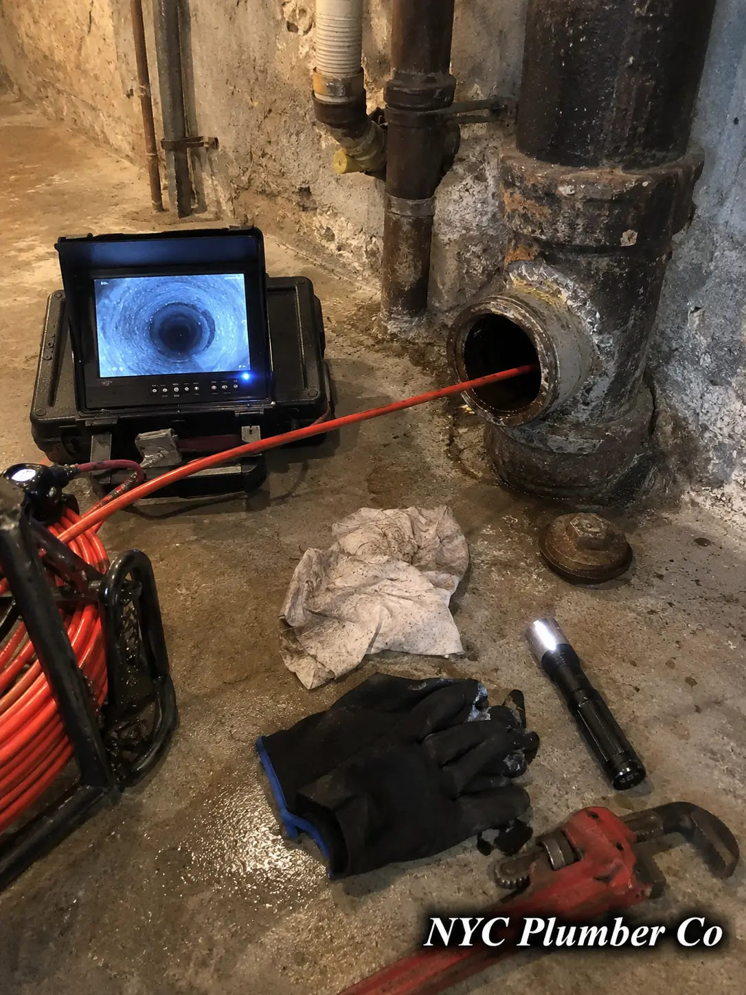 Sewer camera inspection of a building drain line in a New York basement